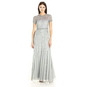 Adrianna Papell Silver Beaded Full Length Tulle Short Sleeve Gown, 14 NWT